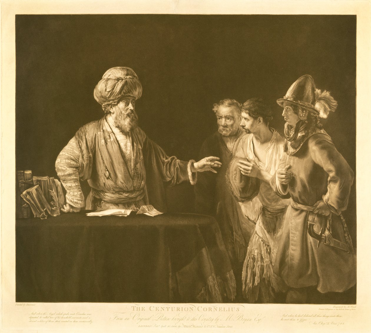 Cornelius római százados megparancsolja szolgáinak, hogy menjenek Joppébe, hogy megkérjék Péter apostolt, hogy látogassa meg őt Caesereában, James Ward (1769-1859) metszetében 1800 (barna és fehér metszet) alkotó: Rembrandt van Rijn