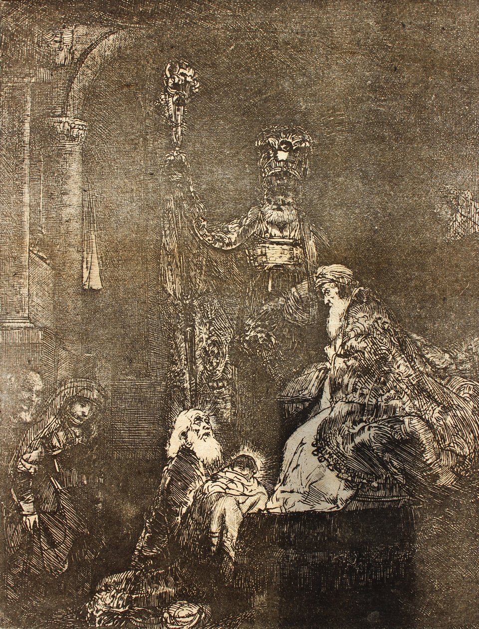 A bemutató a templomban sötét módon alkotó: Rembrandt van Rijn