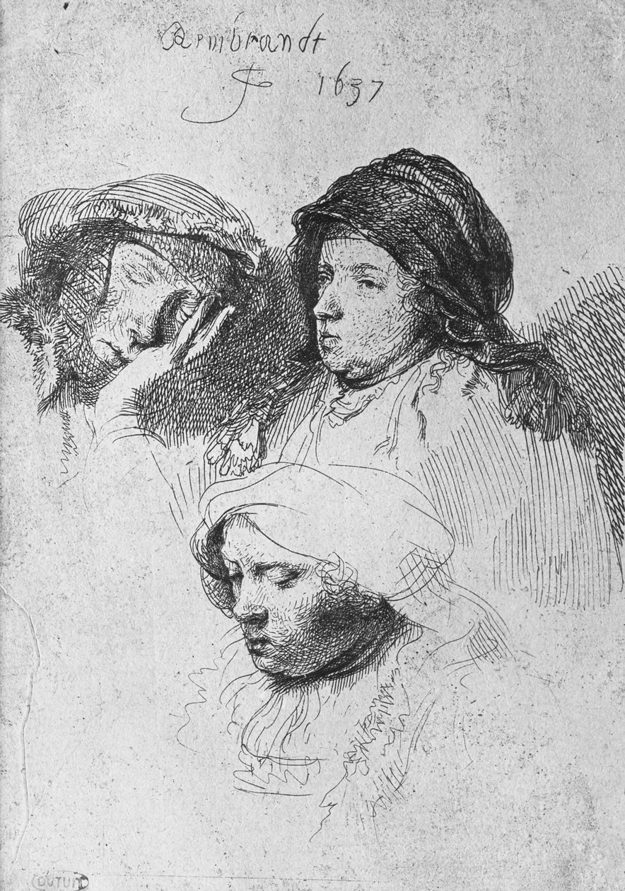 Három női fej egy alvó nővel, 1637 alkotó: Rembrandt van Rijn