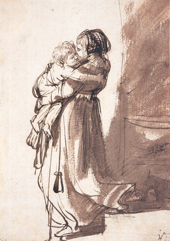 Nő gyermekkel a földszinten alkotó: Rembrandt van Rijn