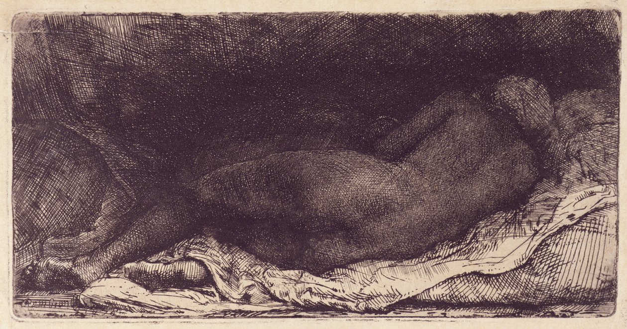 Ágyon fekvő nő, 1658 (rézkarc, szárazhús és égés felületi tónussal) alkotó: Rembrandt van Rijn