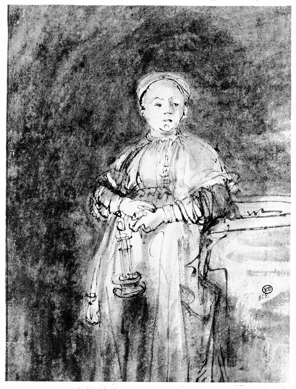 Nő gyertyával, 1631 körül (toll, tinta és mosás papíron) alkotó: Rembrandt van Rijn