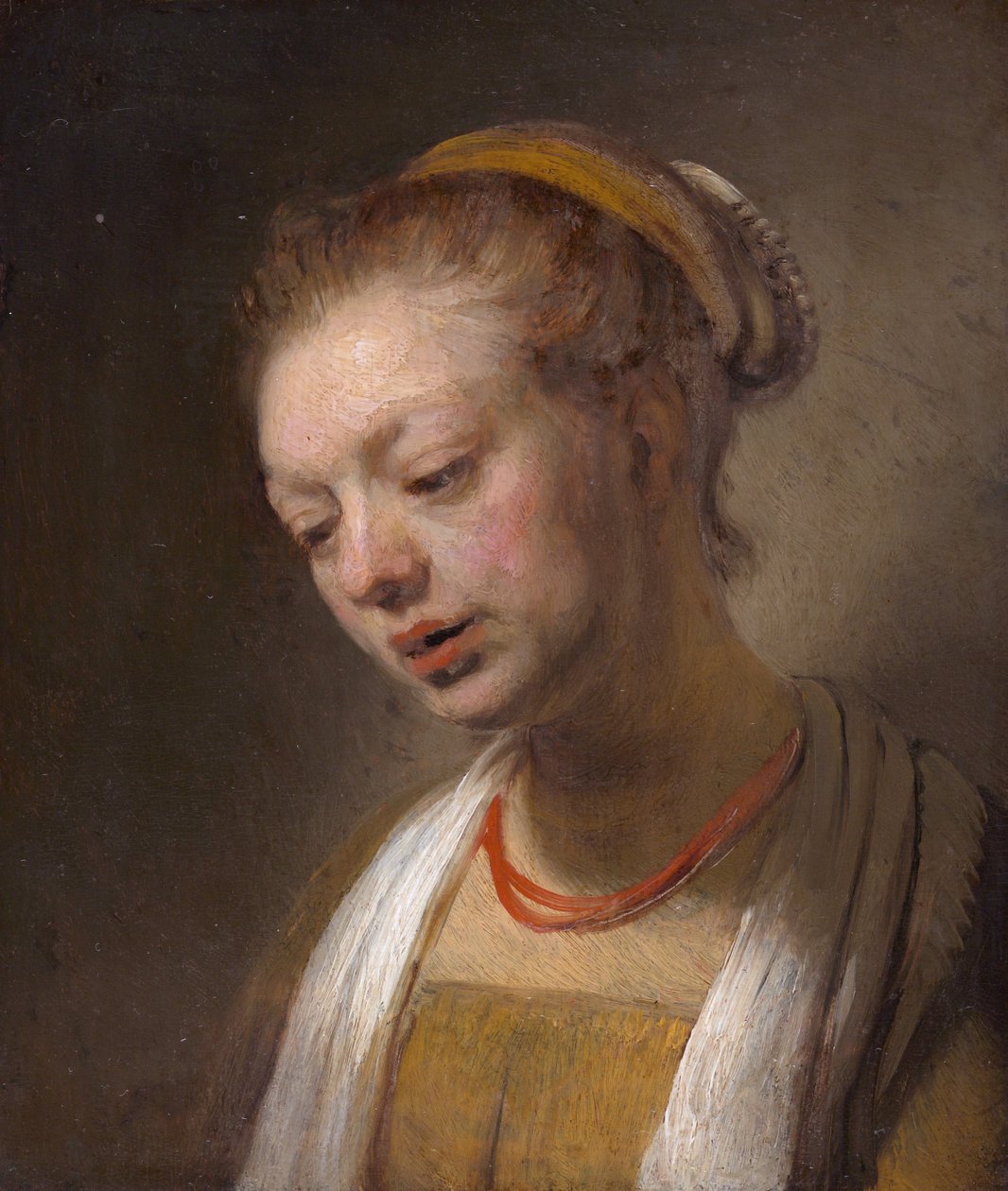 Fiatal nő piros nyaklánccal alkotó: Rembrandt van Rijn
