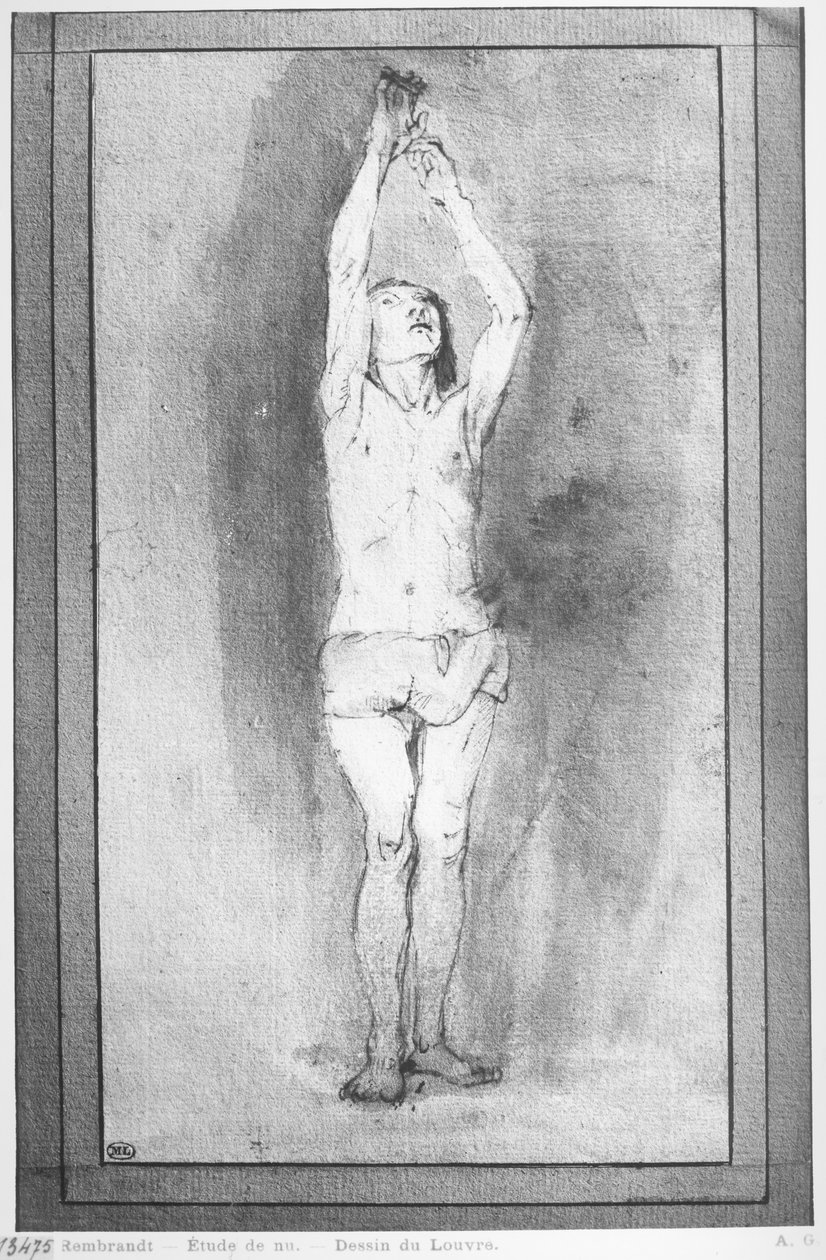 Fiatal fiú ágyékkötővel, mindkét kezét egy kis rúdra akasztva (toll, barna tinta és mosás papíron) alkotó: Rembrandt van Rijn