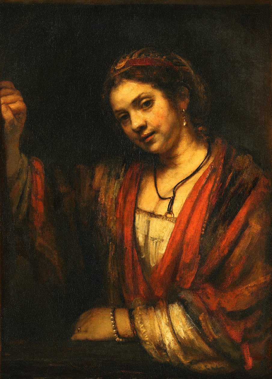 Fiatal nő a nyitott felső ajtónál alkotó: Rembrandt