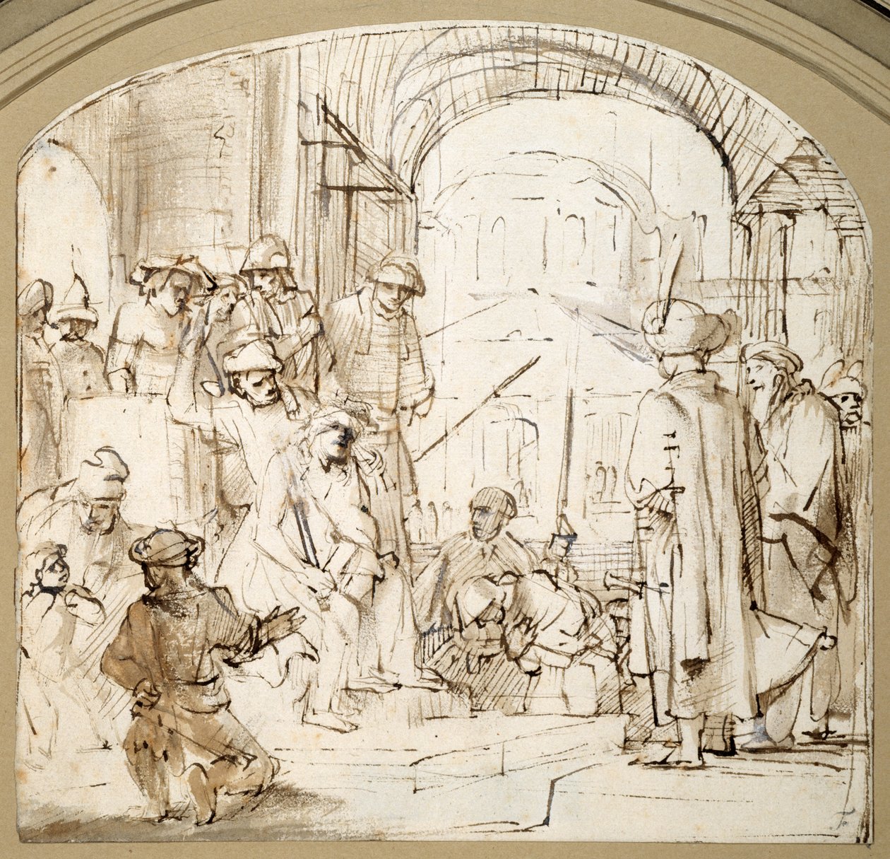 Christ Mocked (toll és tinta mosással a papíron) alkotó: Rembrandt Harmensz. van Rijn (school of)