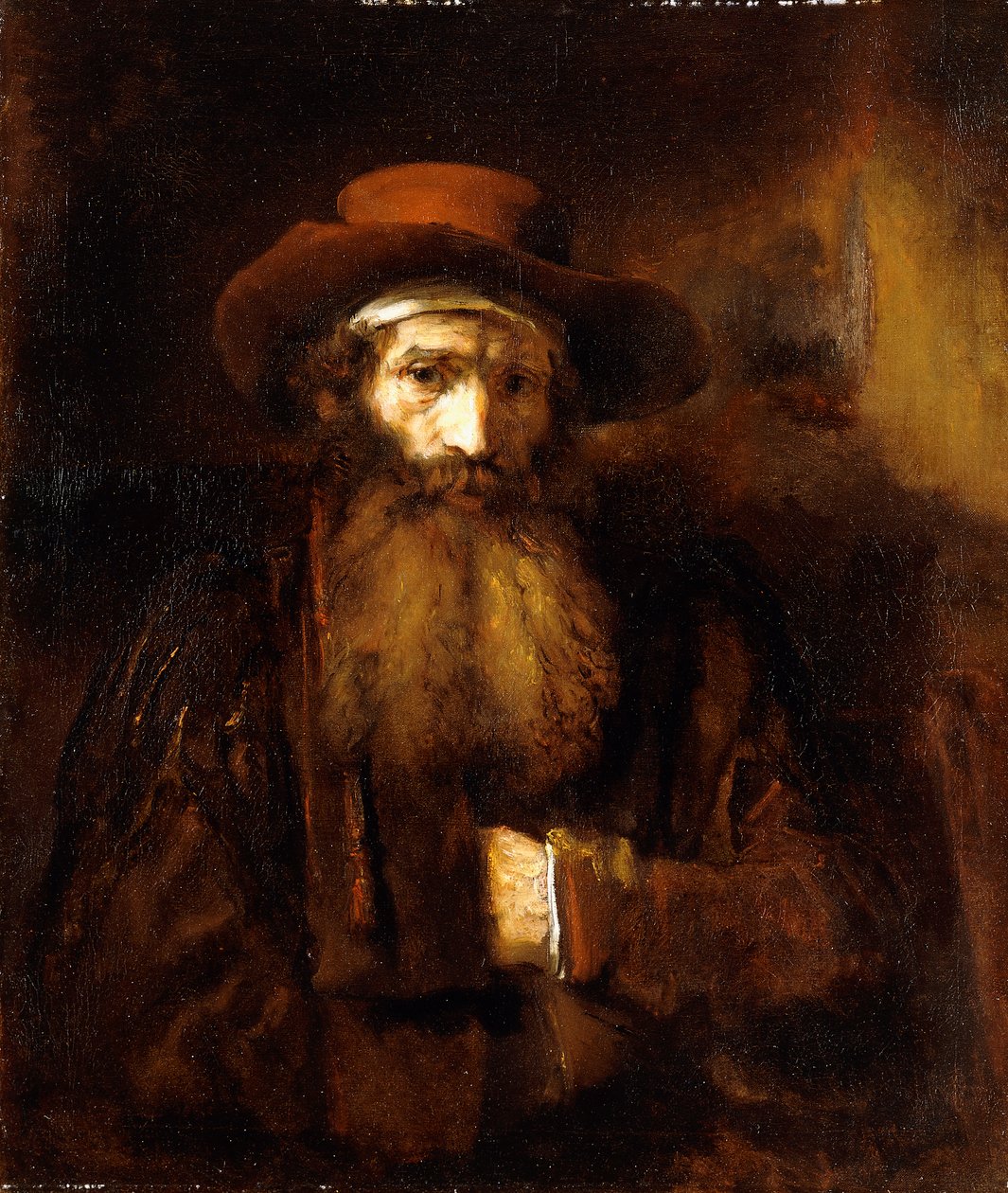 Egy szakállas öregember, barna kabátot és rozsdaszín kalapot visel, 1651 alkotó: Rembrandt van Rijn