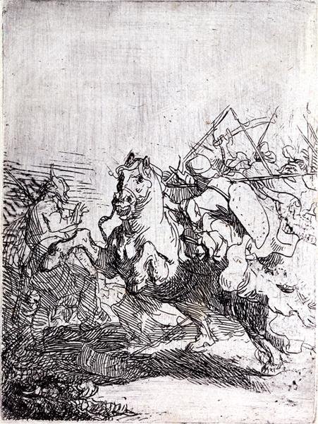 Lovassági harc (toll és tinta papíron) alkotó: Rembrandt Harmensz. van Rijn