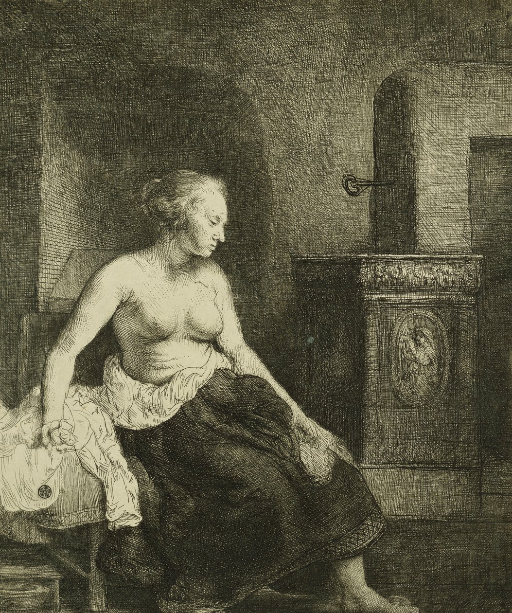 Egy nő ül félig felöltözve a tűzhely mellett, 1658 alkotó: Rembrandt van Rijn