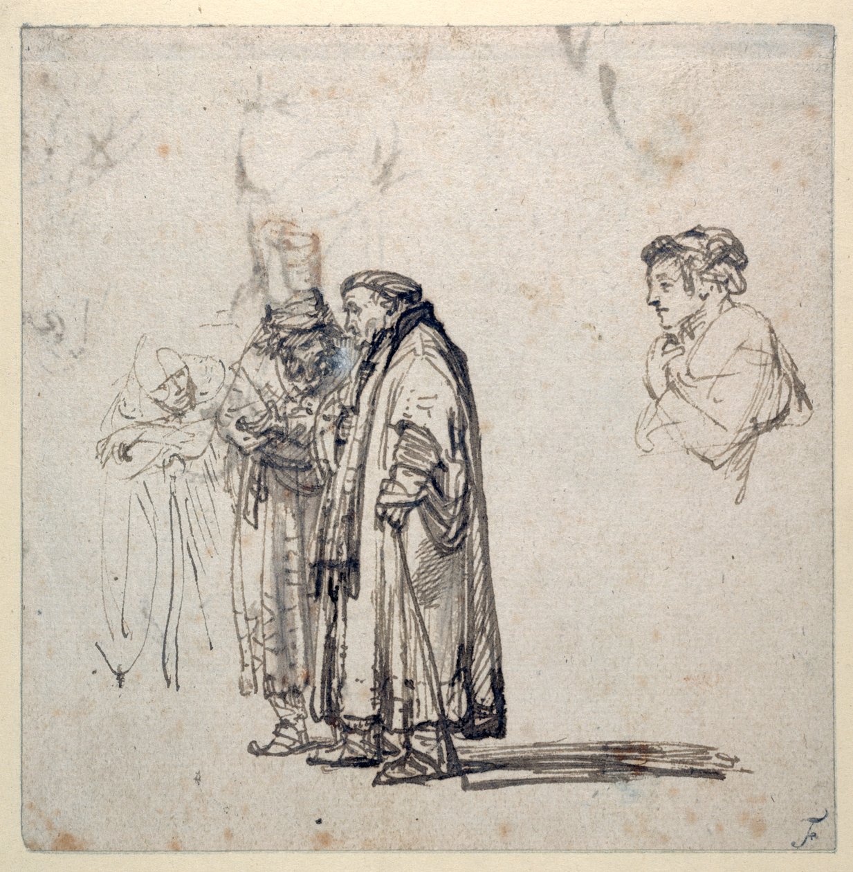 Idős tudósok csoportja és külön-külön egy fiatalabb férfi profilja (toll és barna tinta mosás és gouache papíron) alkotó: Rembrandt Harmensz. van Rijn