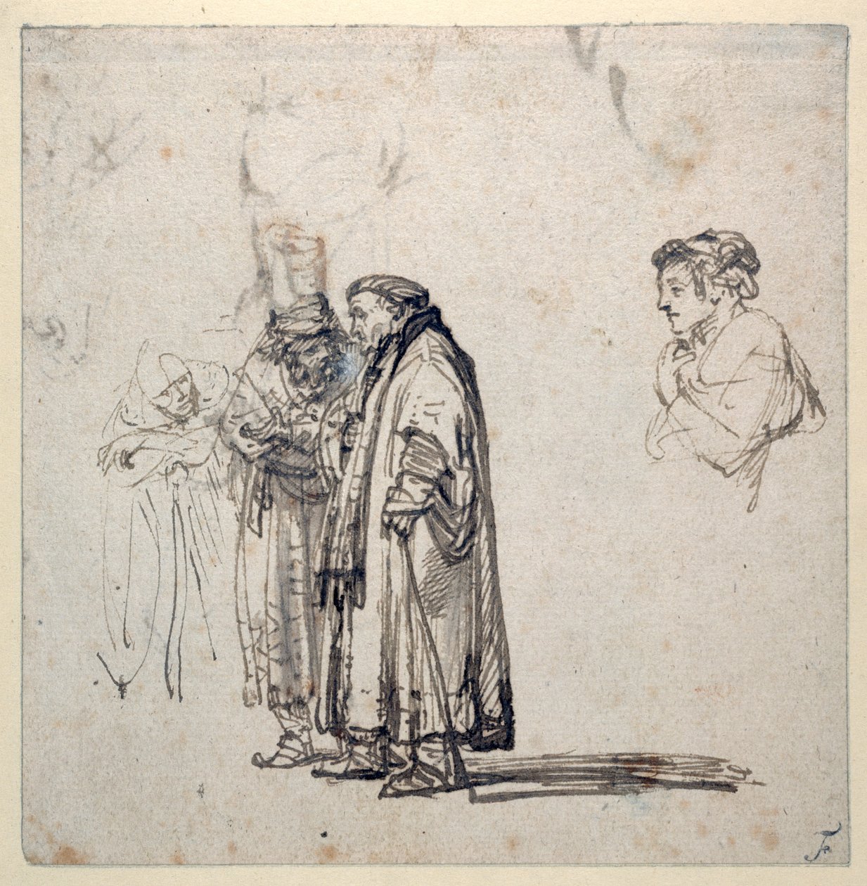 Idős tudósok csoportja és külön-külön egy fiatalabb férfi profilja (toll és tinta papíron) (recto of 2636120) alkotó: Rembrandt Harmensz. van Rijn