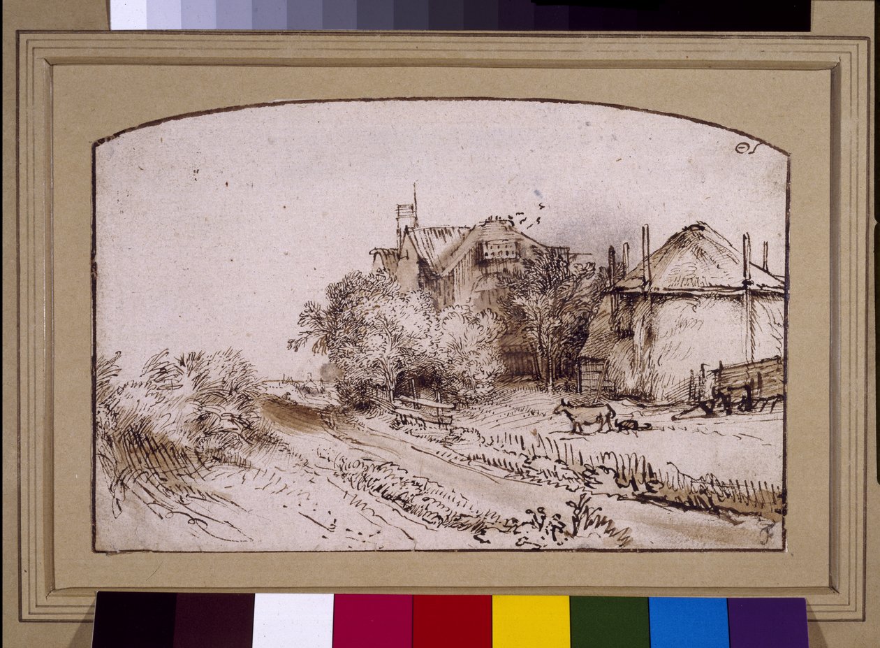 Szénakazal egy farm közelében, 1650 körül (toll és tinta papíron) alkotó: Rembrandt Harmensz. van Rijn