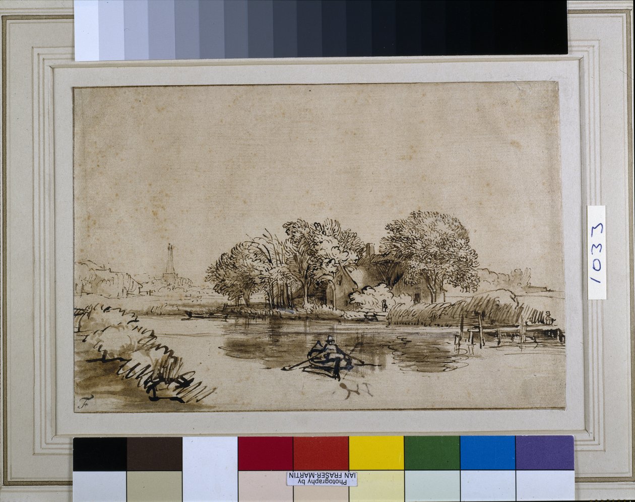 Egy férfi a Bullewijken csónakkal, kilátással Ouderkerk felé, 1650 körül (toll és tinta barna mosással és fehér testszín papíron) alkotó: Rembrandt Harmensz. van Rijn