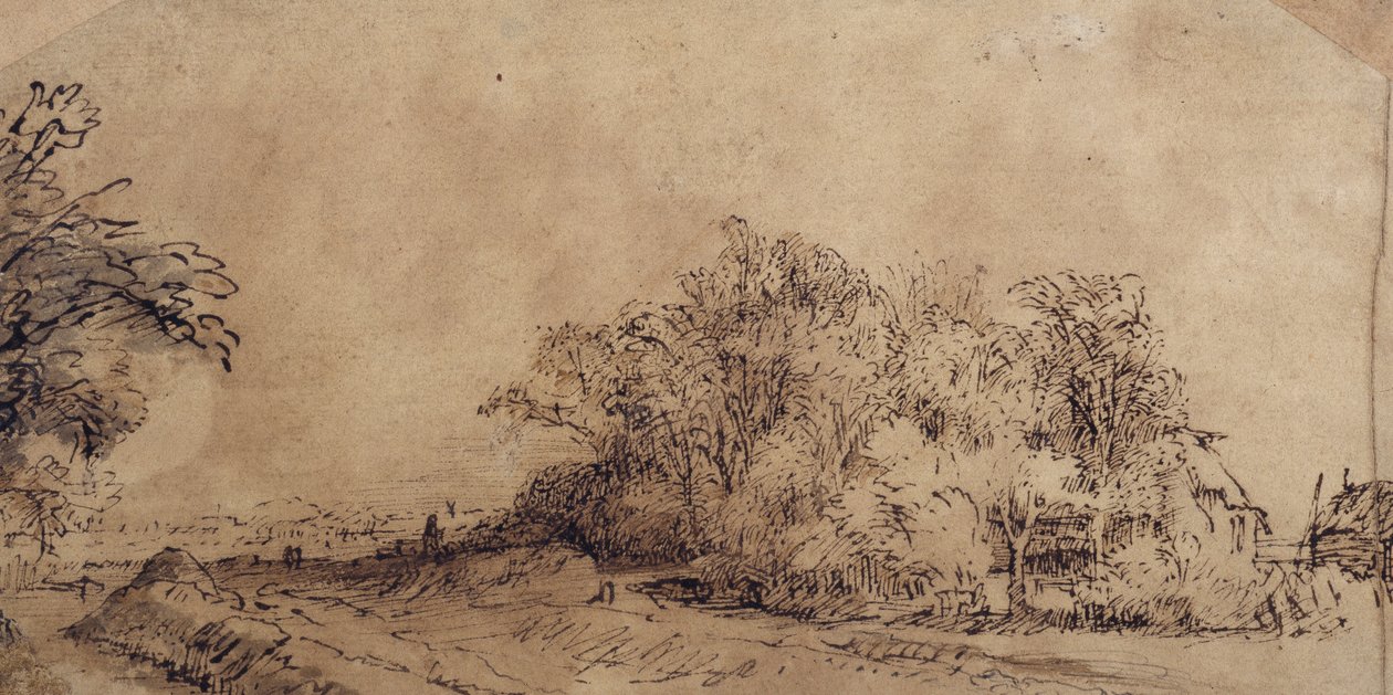 Egyenetlen út a gát mentén, tanyát rejtő fák (toll és tinta mosással a papíron) alkotó: Rembrandt Harmensz. van Rijn
