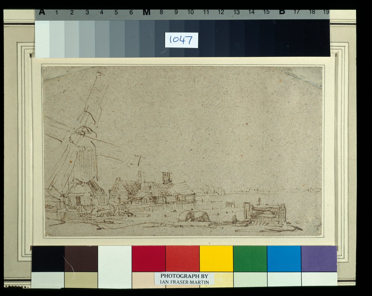 Egy szélmalom és egy házcsoport, 1652-53 körül (nád toll és tinta mosás papíron) alkotó: Rembrandt Harmensz. van Rijn