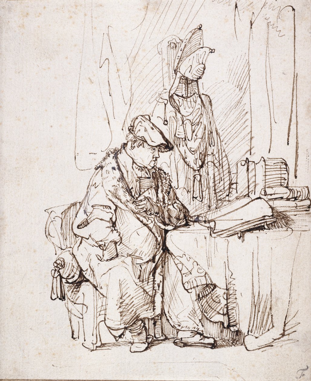 Színész az öltözőjében (toll és barna tinta fehér papíron) alkotó: Rembrandt Harmensz. van Rijn