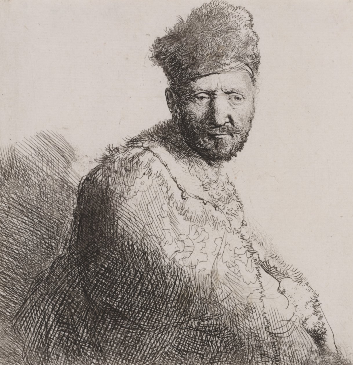Szakállas férfi bundás keleti sapkában és köntösben alkotó: Rembrandt van Rijn