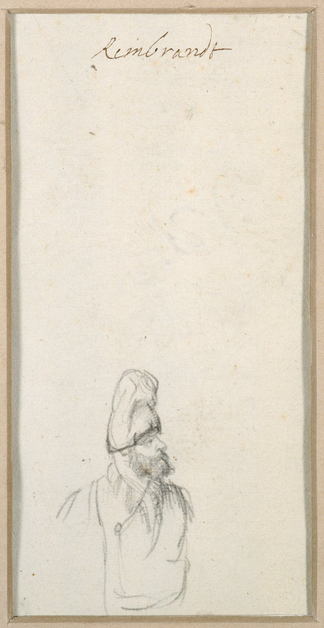 Szakállas férfi profilban, magas sapkában, 1640 körül (fekete kréta papíron) alkotó: Rembrandt Harmensz. van Rijn