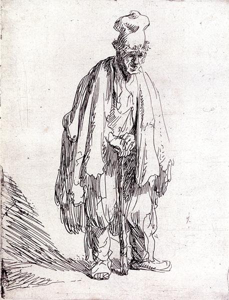 Koldus magas sapkában állva (toll és tinta papíron) alkotó: Rembrandt Harmensz. van Rijn