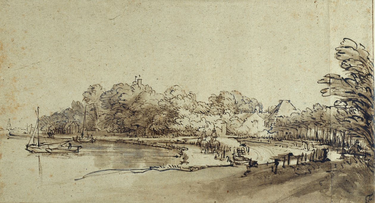 Kanyar az Amstelben a Kostverloren-ház közelében, 1650-es évek eleje (toll és tinta mosással és testfestékkel a papíron) alkotó: Rembrandt Harmensz. van Rijn