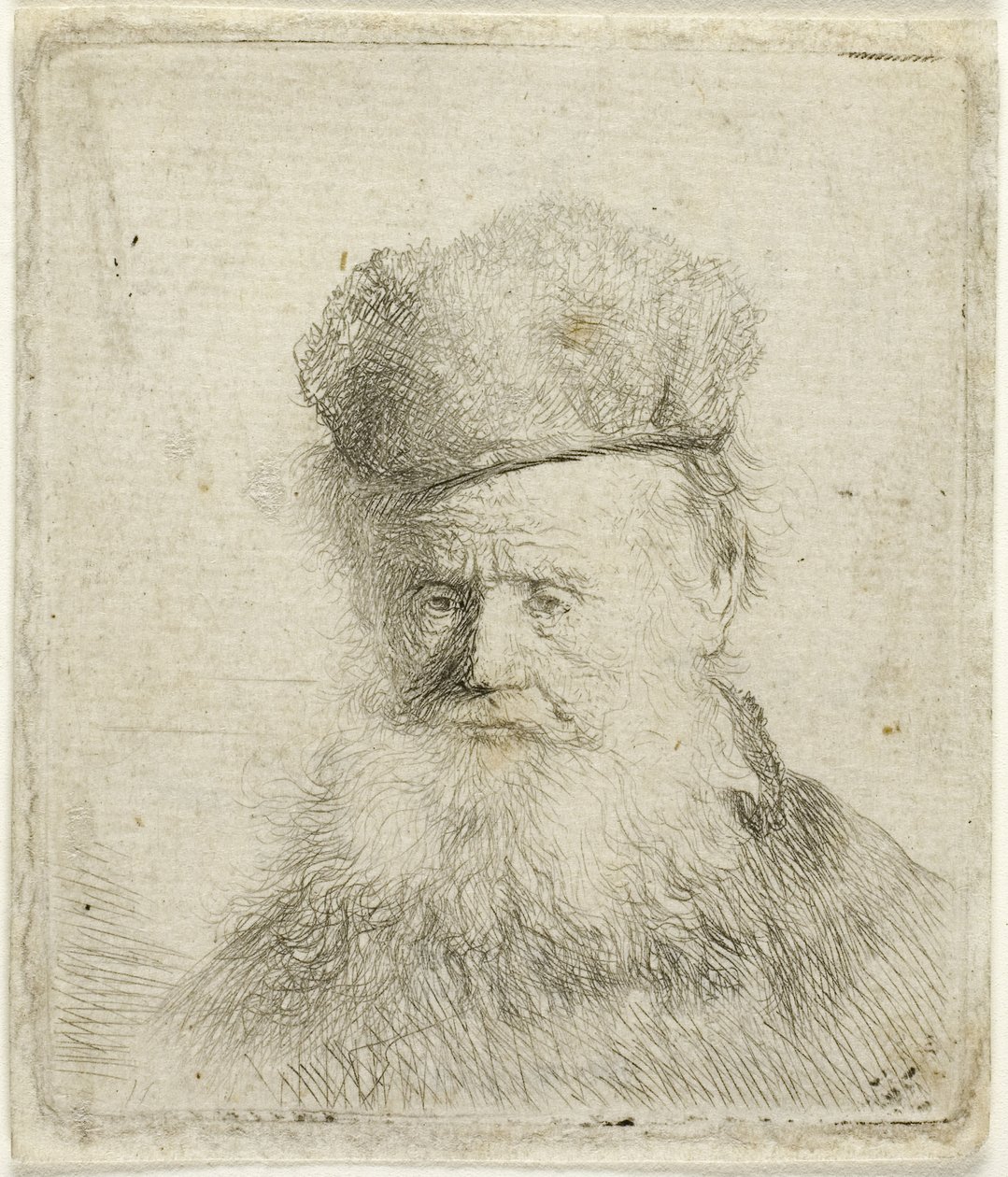 Egy szőrsapkás és szakállas öregember mellszobra, 1631 körül (metszet papírra) alkotó: Rembrandt Harmensz. van Rijn