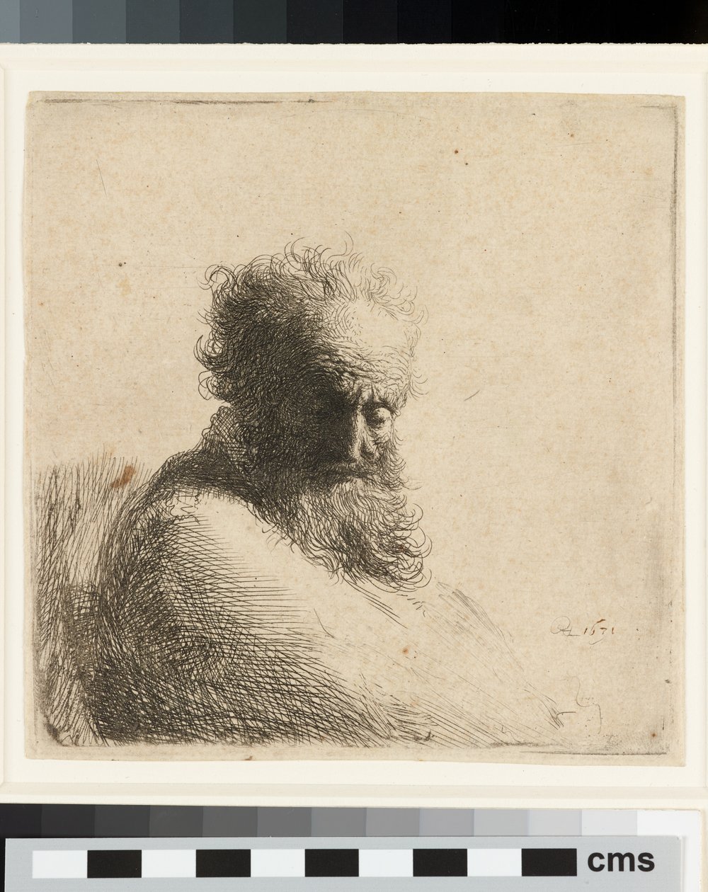 Egy öreg, szakállas férfi mellszobra, lefelé néz, háromnegyed részben jobbra alkotó: Rembrandt Harmensz. van Rijn
