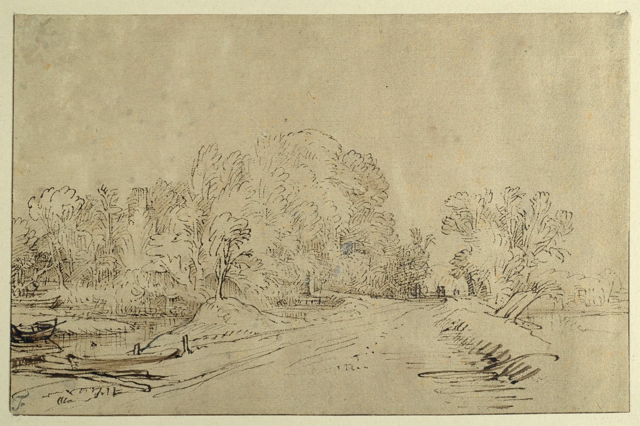 Csatorna csónakokkal, gáttal és fákkal (nád toll és tinta mosással papíron) alkotó: Rembrandt Harmensz. van Rijn