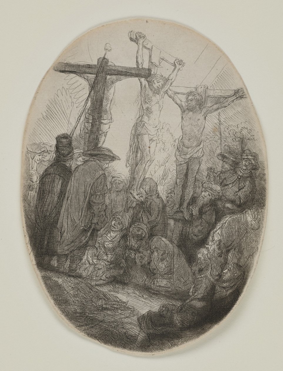 Krisztus két tolvaj között keresztre feszítve: Egy ovális tányér, 1641 körül (rézkarc és szárazhús) alkotó: Rembrandt van Rijn