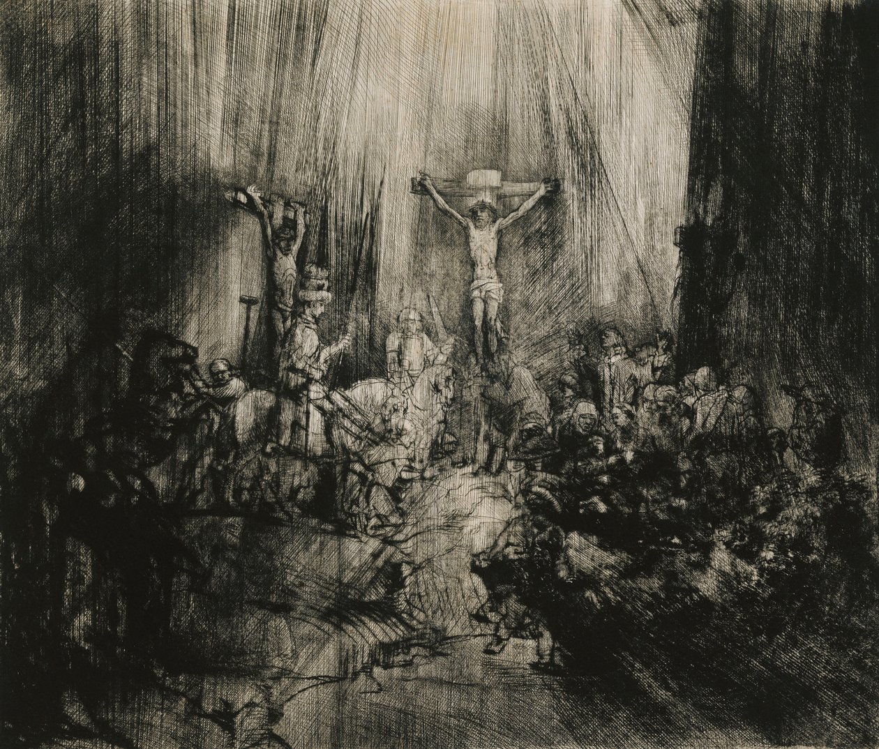 Krisztus keresztre feszítve a két tolvaj között - "A három kereszt", 1653-1661 alkotó: Rembrandt van Rijn