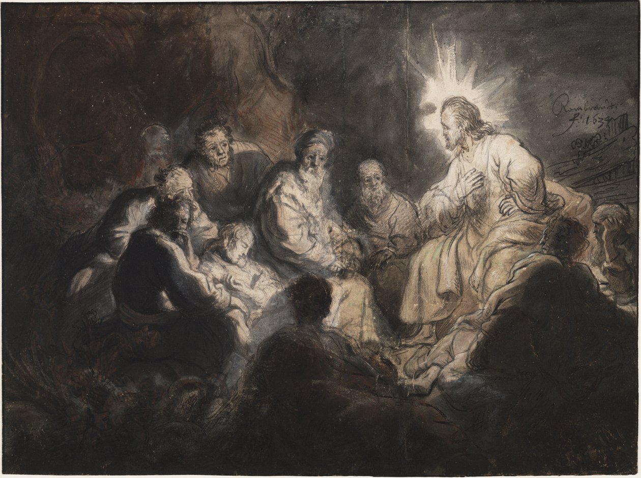 Rembrandt van Rhijn (1606-1669) Krisztus és tanítványai a Gecsemáné kertben. Toll, ecset, szürke és barna színű, akvarell, papír, kb 1634. Mérete: 35,7x47,8 cm. Teylers Múzeum, Haarlem alkotó: Rembrandt Harmensz. van Rijn