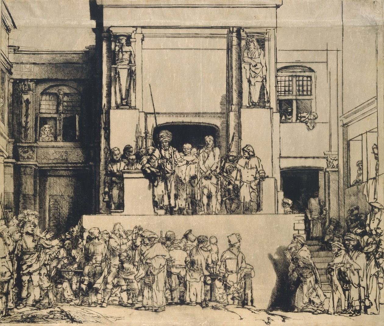 Krisztus bemutatta az embereknek: hosszúkás tányért alkotó: Rembrandt van Rijn