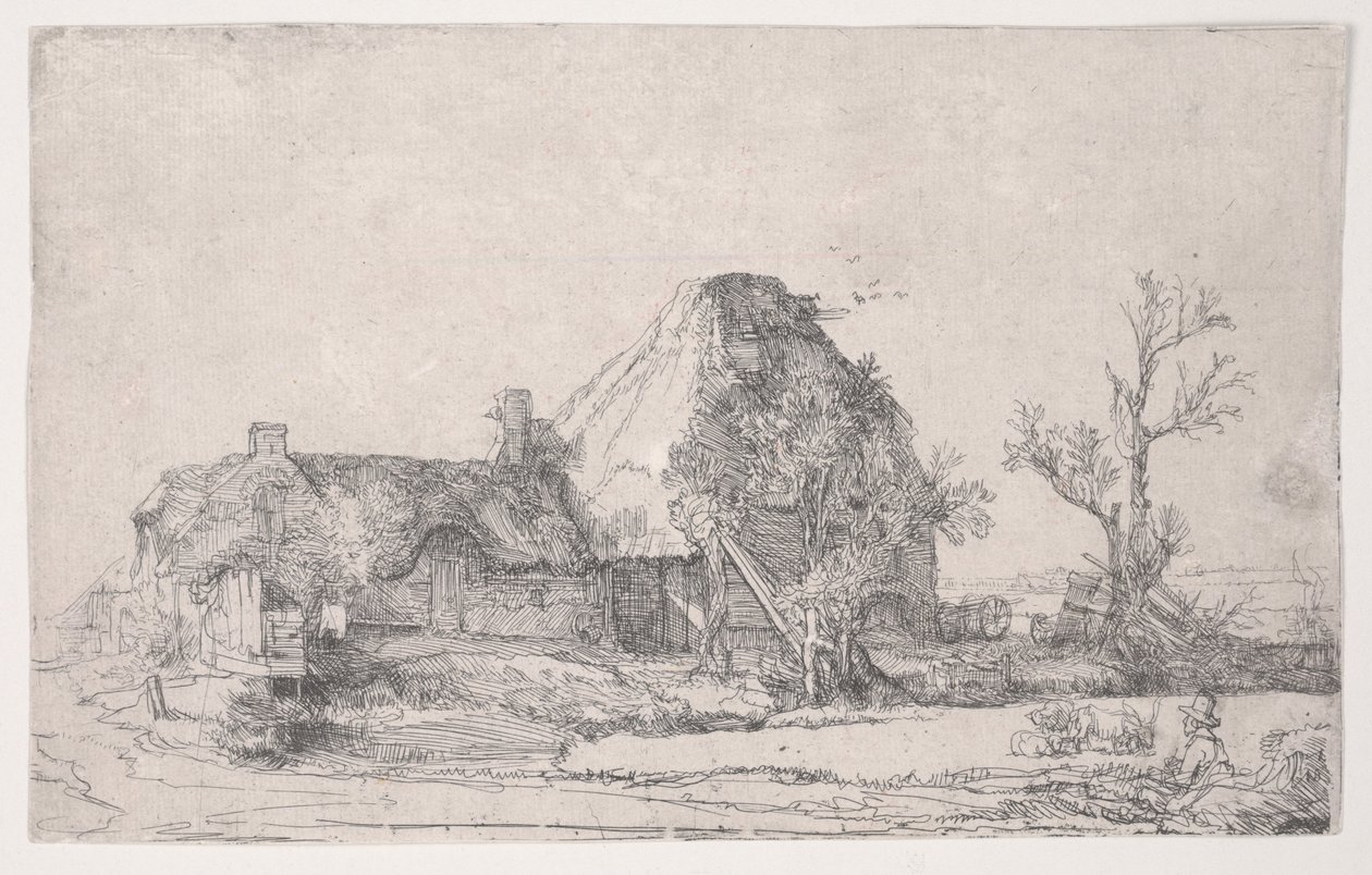 Víkendház és tanyaépületek egy ember vázlatával, 1645 körül (rézkarc) alkotó: Rembrandt van Rijn