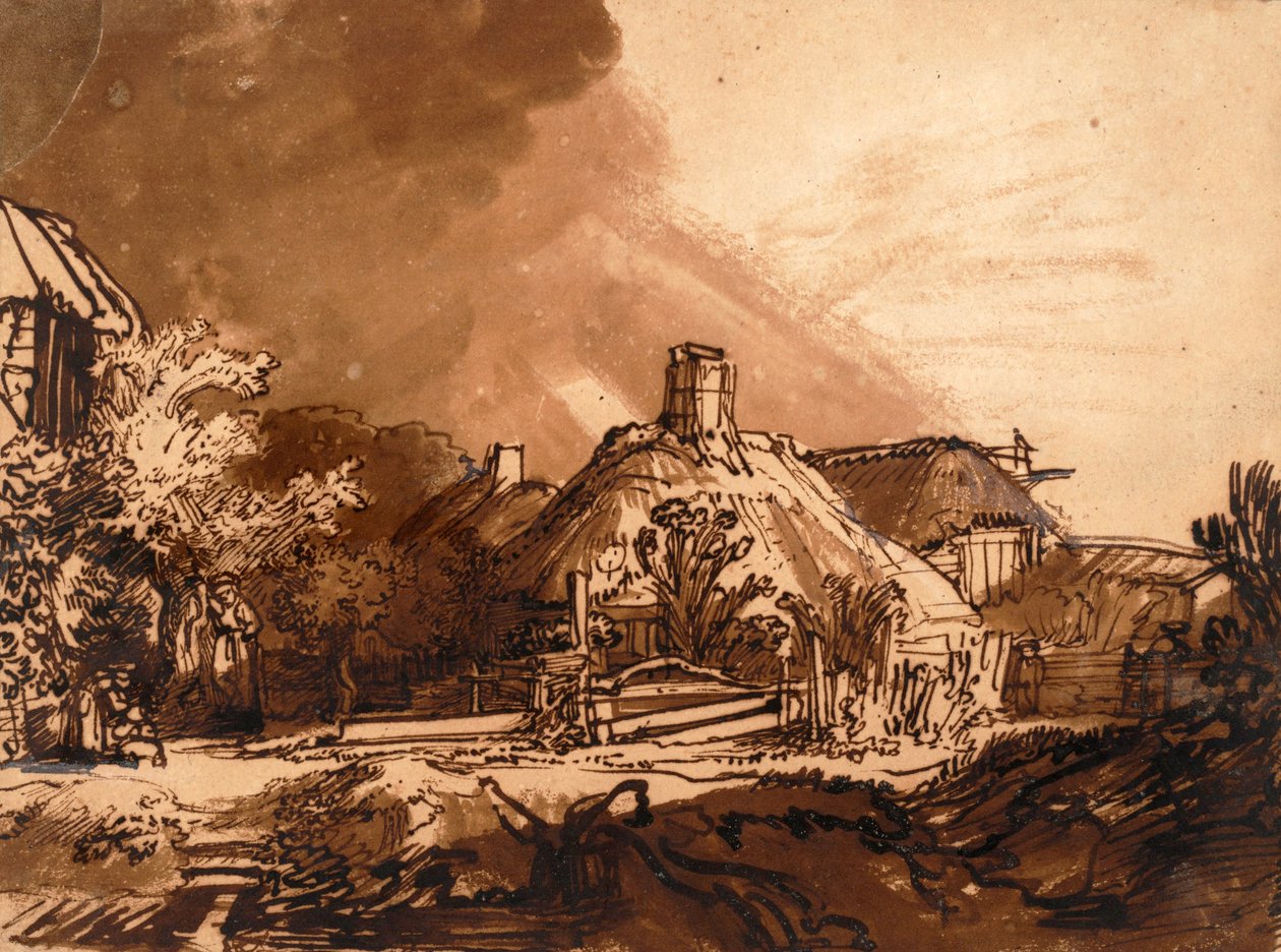 Házak viharos ég előtt (toll és tinta) alkotó: Rembrandt van Rijn