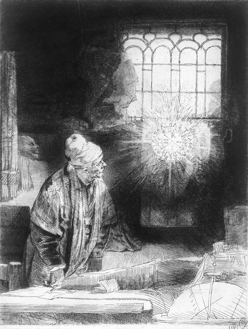 Dr. Faustus a tanulmányában (metszet) alkotó: Rembrandt van Rijn