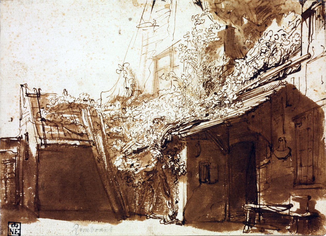 Fényben és árnyékban parasztház - Rembrandt van Rhijn (1606-1669) - 1635-1636 - Toll, ecset, barna színű papíron - 16,2x22,5 cm - Szepmuveszeti Múzeum, Budapest alkotó: Rembrandt Harmensz. van Rijn