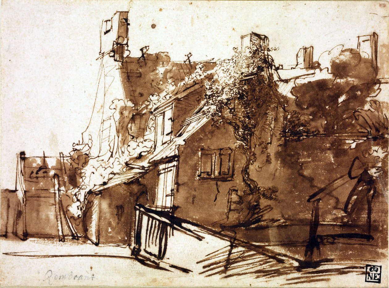 Parasztház napfényben - Rembrandt van Rhijn (1606-1669) - 1635-1636 - Toll, ecset, barna színű papíron - 16,4x22,3 cm - Szepmuveszeti Múzeum, Budapest alkotó: Rembrandt Harmensz. van Rijn