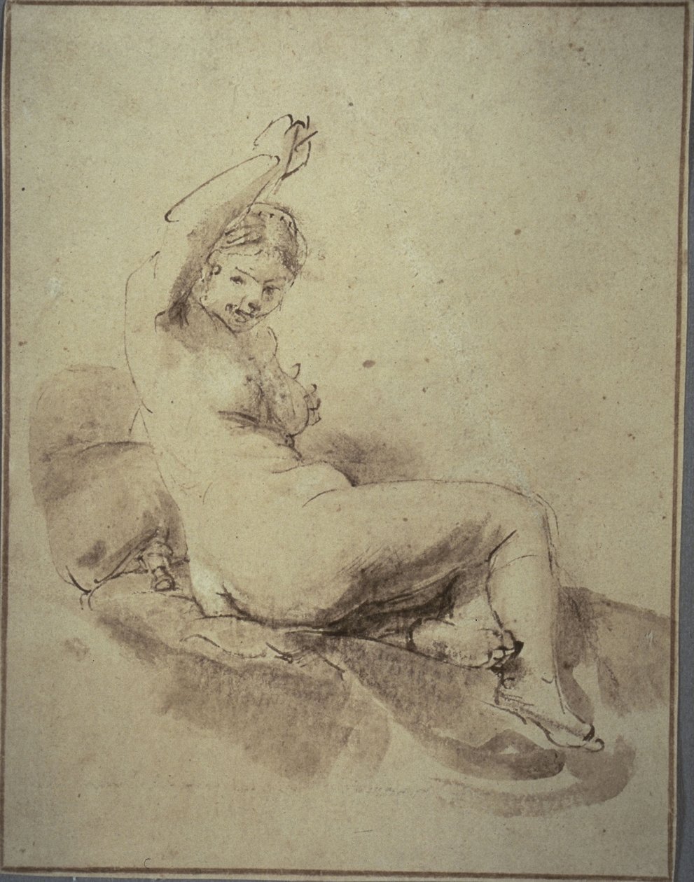 Fekvő női akt felemelt karral, 1665 körül (tollal és barna tintával és ecsettel és barna mosással, barna színű papíron) alkotó: Rembrandt Harmensz. van Rijn
