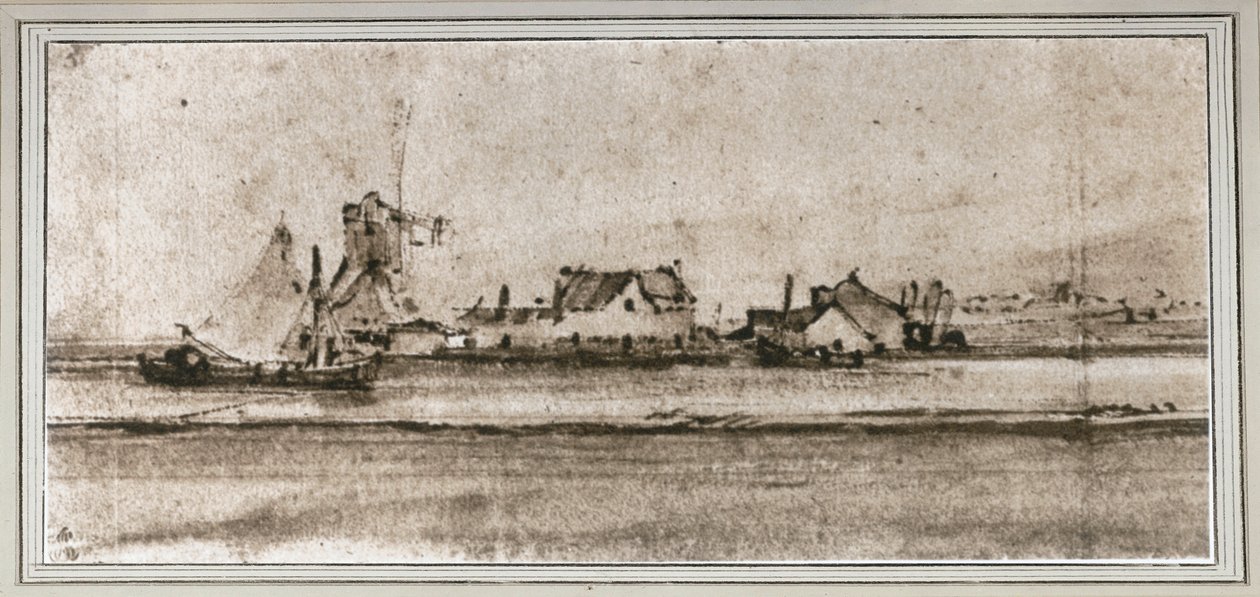 A kis malom, Amsteldijk felől nézve (Pen and wash, bistre) alkotó: Rembrandt Harmensz. van Rijn