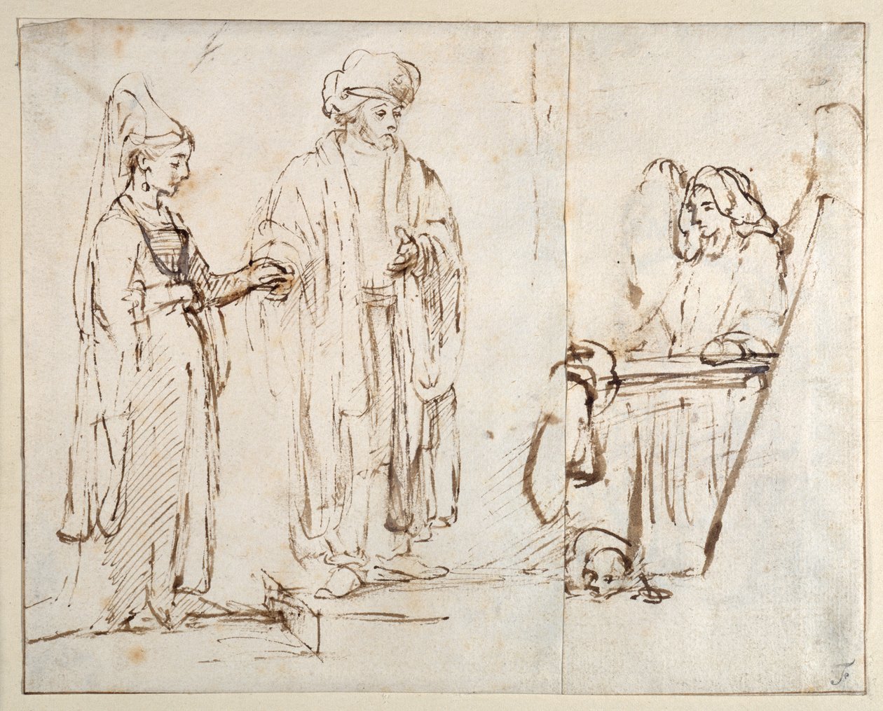 Lábán elviszi Leát Jákobhoz, Jákóbot pedig egy másik rajz töredéke fedi le; egy angyal kutyával a lába előtt alkotó: Rembrandt Harmensz. van Rijn