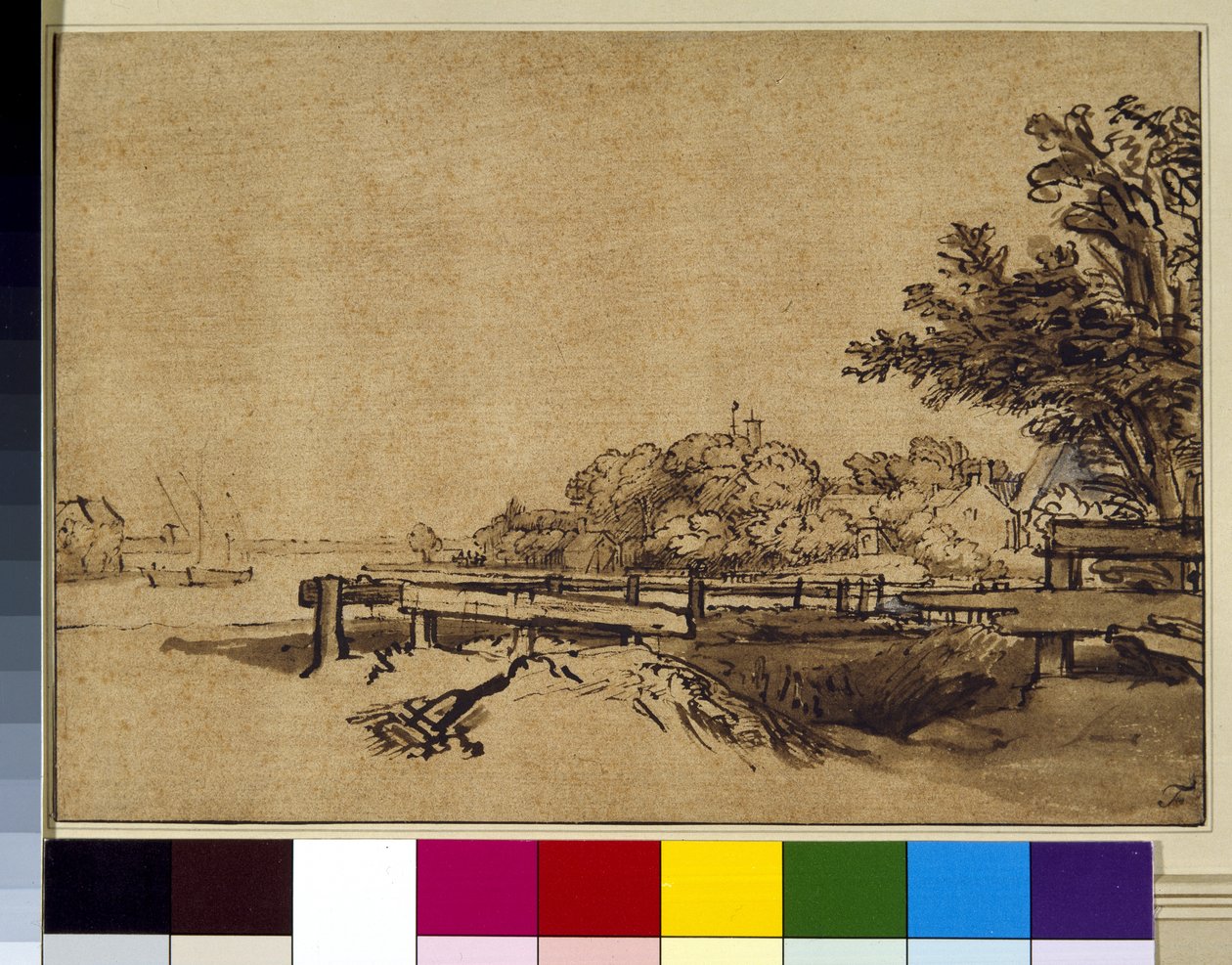 Tájkép, 1650 körül (toll és tinta, mosás papíron) alkotó: Rembrandt Harmensz. van Rijn