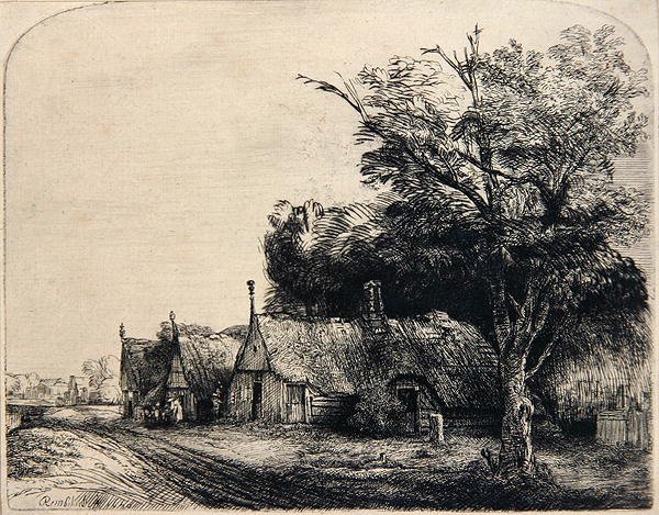 Táj három kunyhóval (rézkarc) alkotó: Rembrandt Harmensz. van Rijn