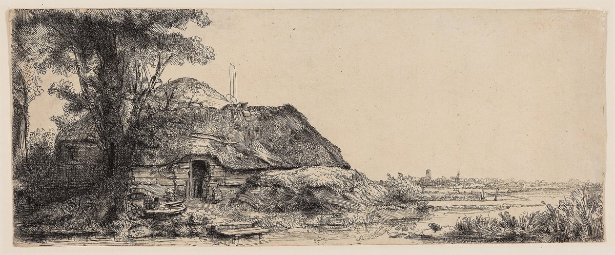 Táj egy kunyhóval és egy nagy fával alkotó: Rembrandt Harmensz. van Rijn