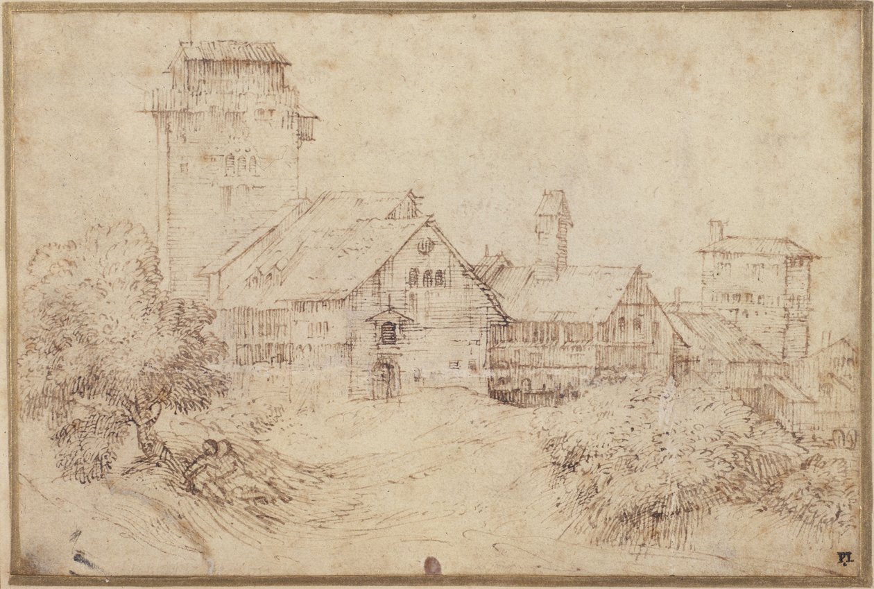 Táj épületekkel és szerelmesekkel, ölelkező, Tizian után (toll és barna tinta piros krétával a papíron) alkotó: Rembrandt Harmensz. van Rijn