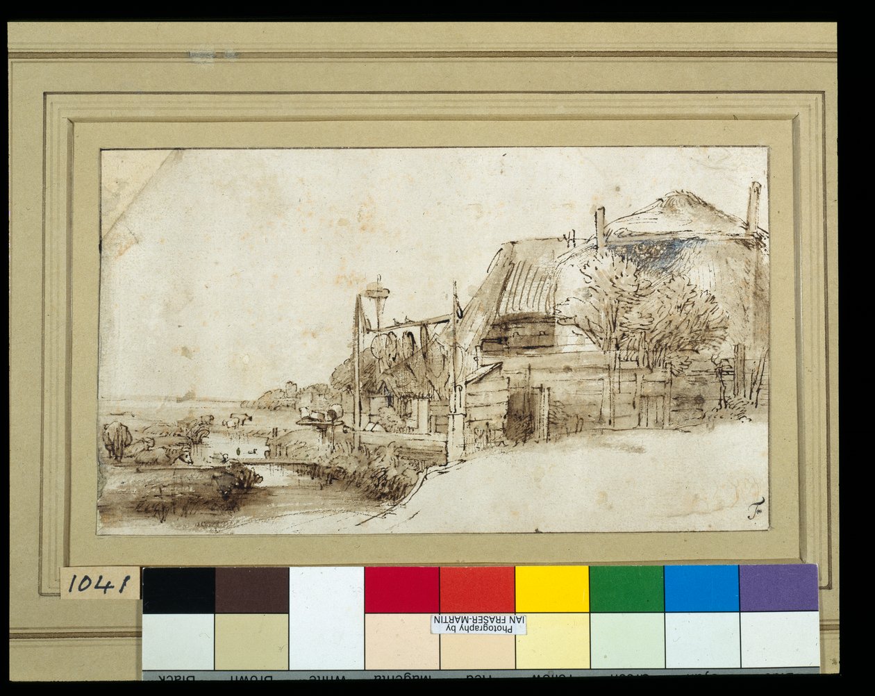 Tájkép mezőgazdasági épületekkel a jobb oldalon (toll és tinta mosással a papíron) alkotó: Rembrandt Harmensz. van Rijn