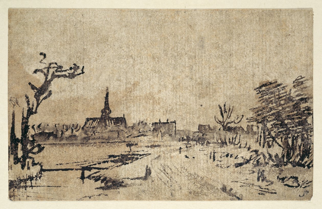 Táj vízzel, Amstelveen falu a háttérben, 1654-55 körül (toll és tinta barna mosással) alkotó: Rembrandt Harmensz. van Rijn