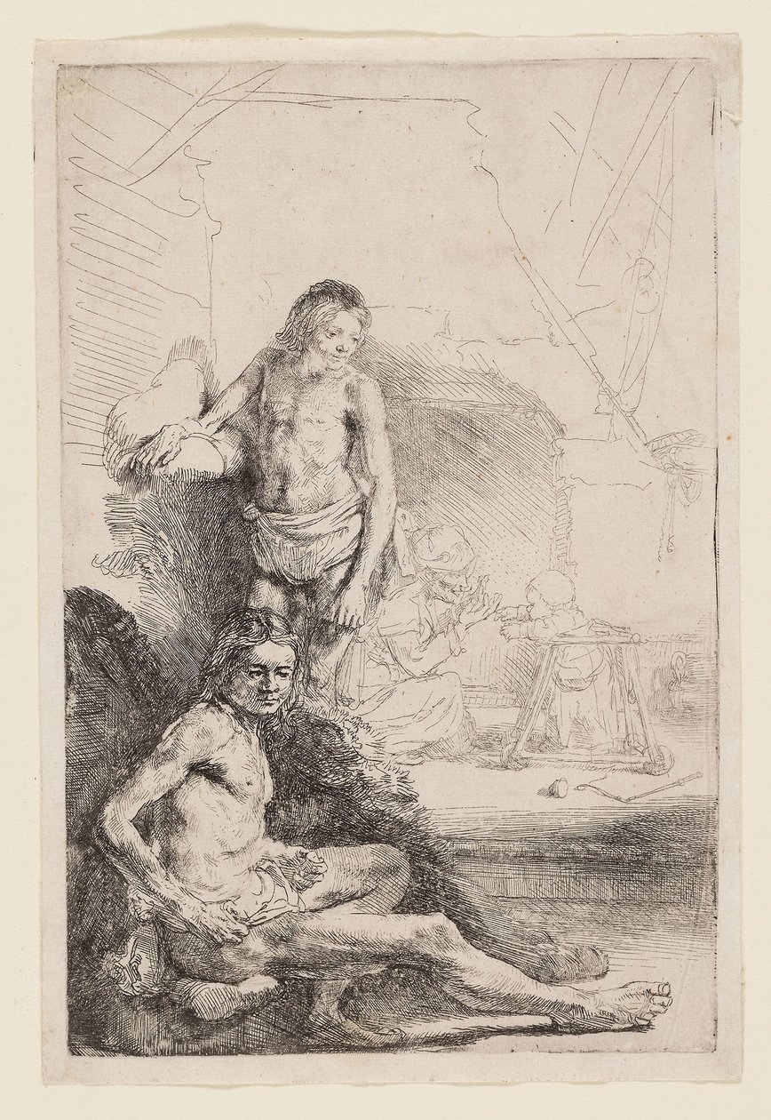 Férfi akt, ülő és álló, 1646 körül (rézkarc elefántcsontból kirakott papírra) alkotó: Rembrandt Harmensz. van Rijn