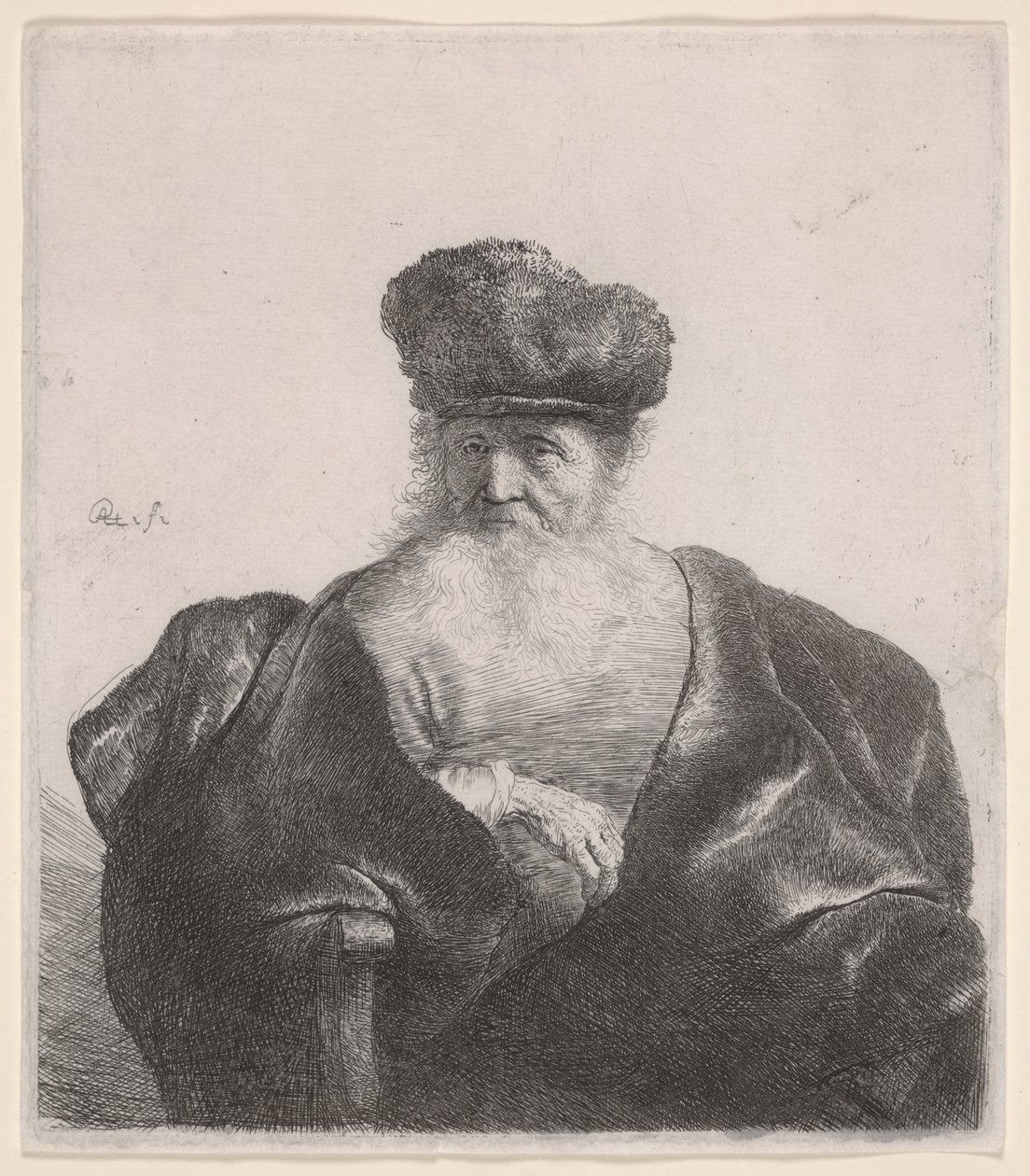 Öreg férfi szakállal, szőrme sapkával és bársonyköpennyel, 1632 körül (rézkarc) alkotó: Rembrandt van Rijn