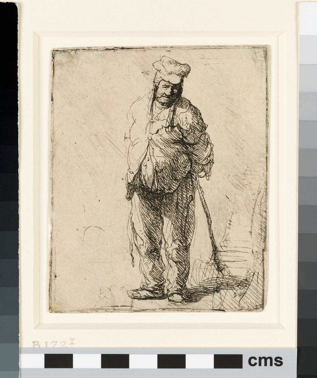 Rongyos paraszt, kezével a háta mögött, bottal, 1630 körül (rézkarc) alkotó: Rembrandt van Rijn