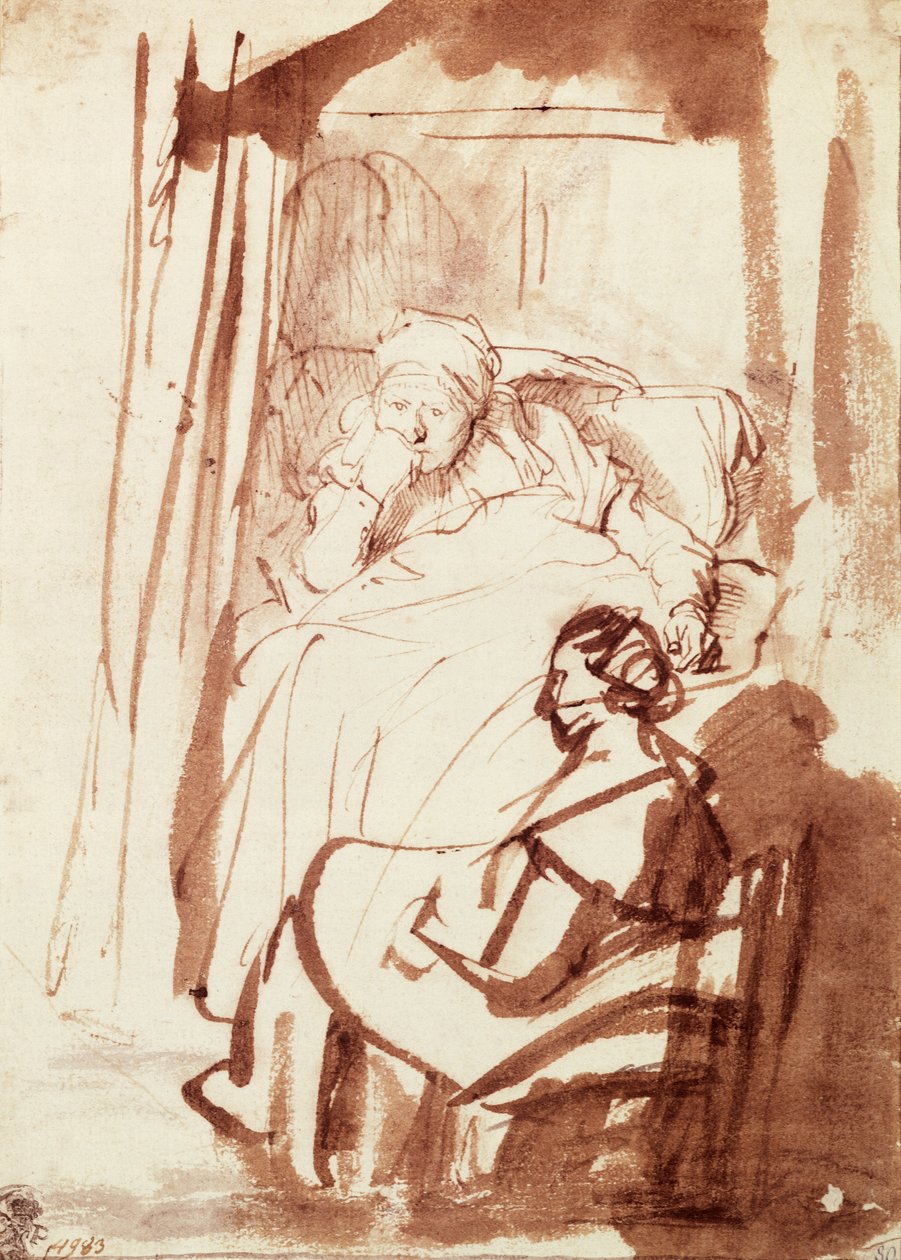Saskia az ágyban fekszik, egy nő ül a lábánál alkotó: Rembrandt Harmensz. van Rijn