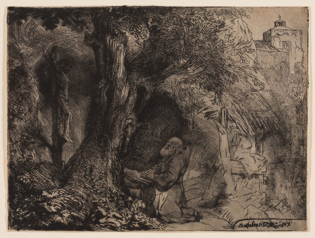 Szent Ferenc egy fa alatt imádkozik alkotó: Rembrandt Harmensz. van Rijn